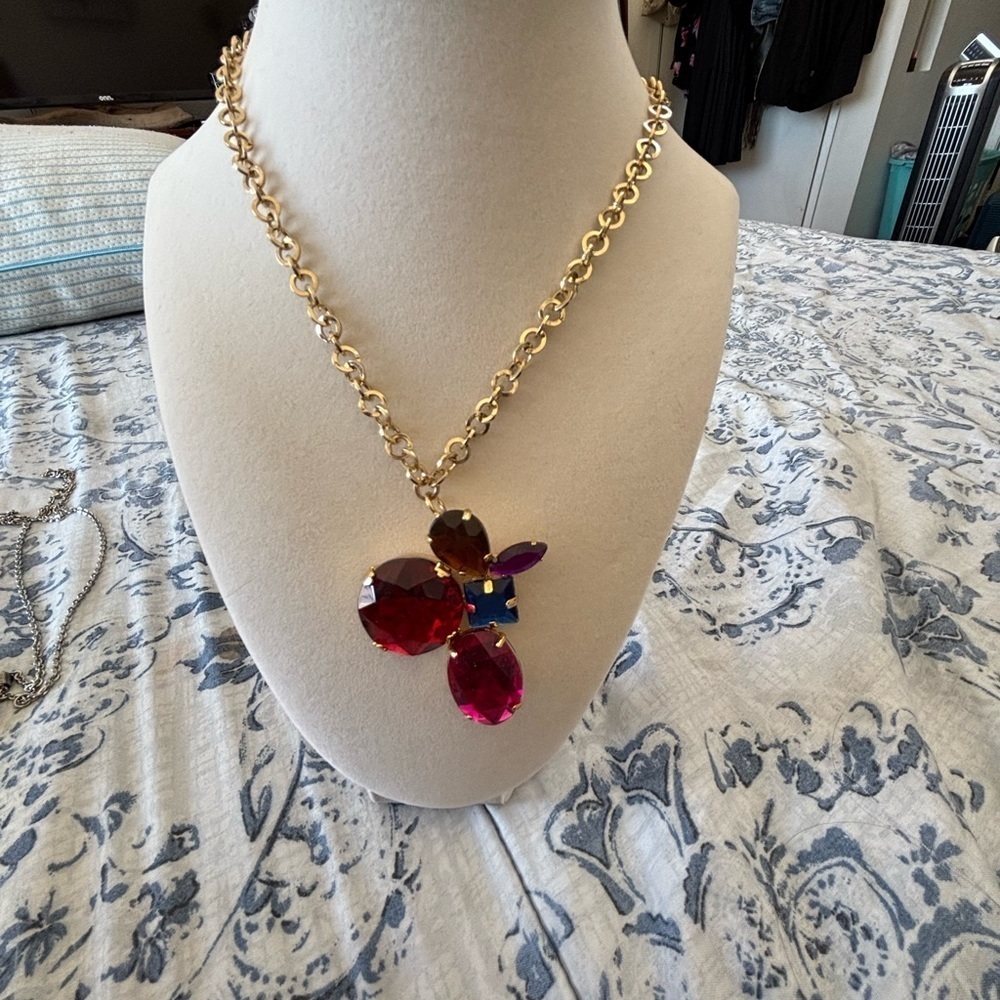 Gold and Red Gemstone Necklace with Floral Pendant